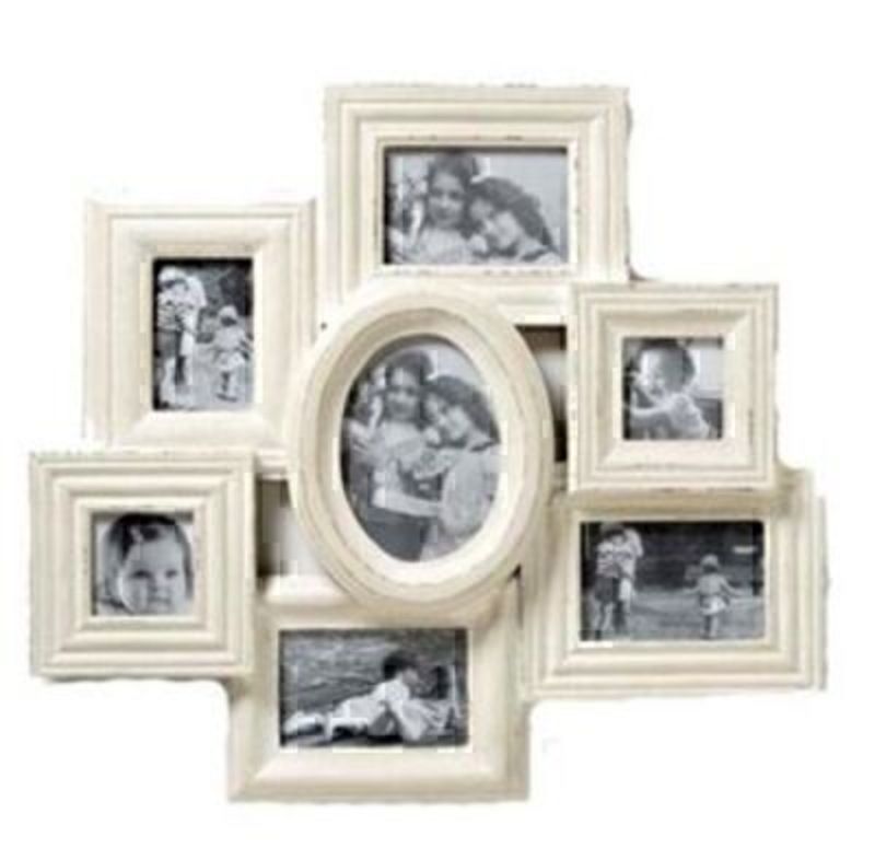 Large shabby chic distressed look cream multi photo frame by Heaven Sends. Holds 7 photos. Size 57x53cm